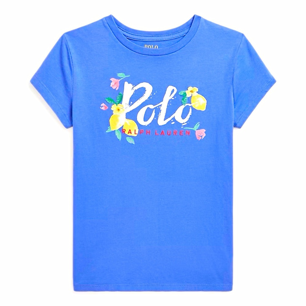 NEW Polo Ralph Lauren Girls Blue Crew Neck Short Sleeve Logo Floral Tee 2T